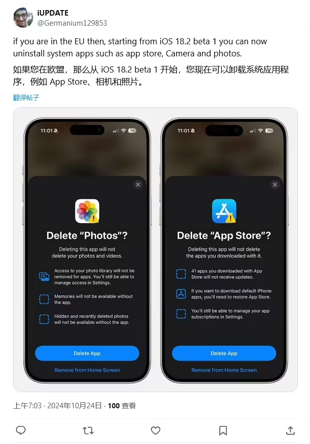 塔河苹果手机维修分享iOS 18.2 支持删除 App Store 应用商店 