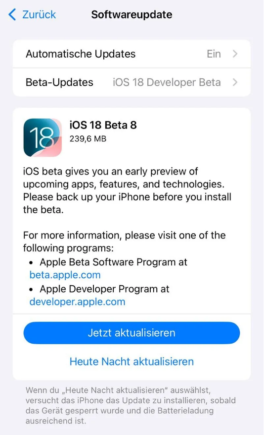 塔河苹果手机维修分享苹果 iOS / iPadOS 18 开发者预览版 Beta 8 发布 